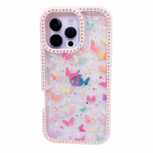 CASE DIAMOND DOBLE ROSA MARIPOSA IPH 16 PRO MAX