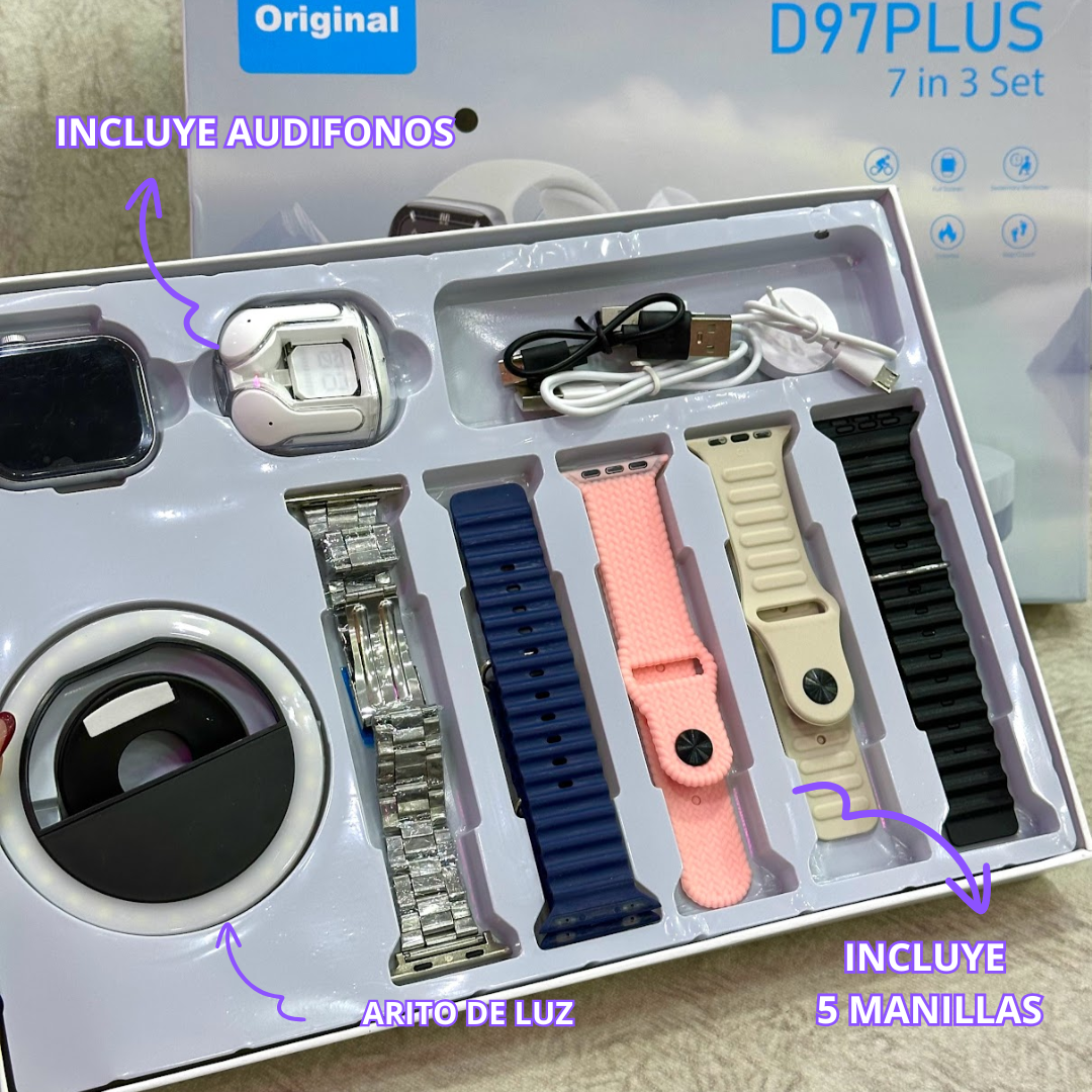Combo reloj D97 con AirPods y mini aro de luz