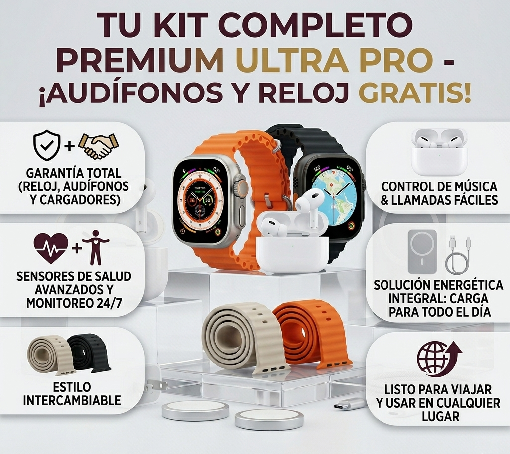 Kit Todo en 1: Reloj Ultra + Audífonos GRATIS + Carga Completa