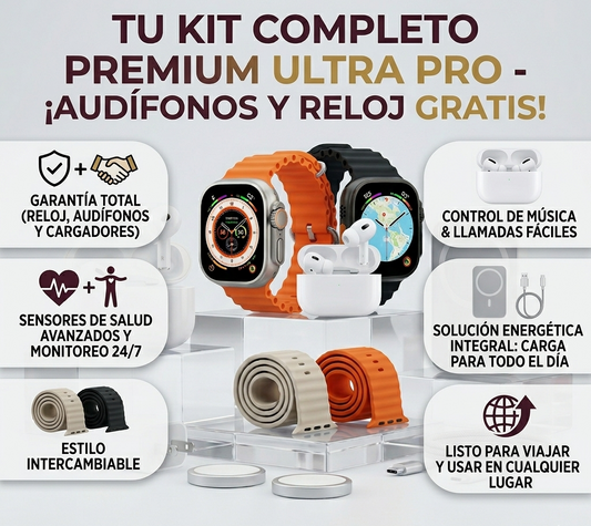 Kit Todo en 1: Reloj Ultra + Audífonos GRATIS + Carga Completa