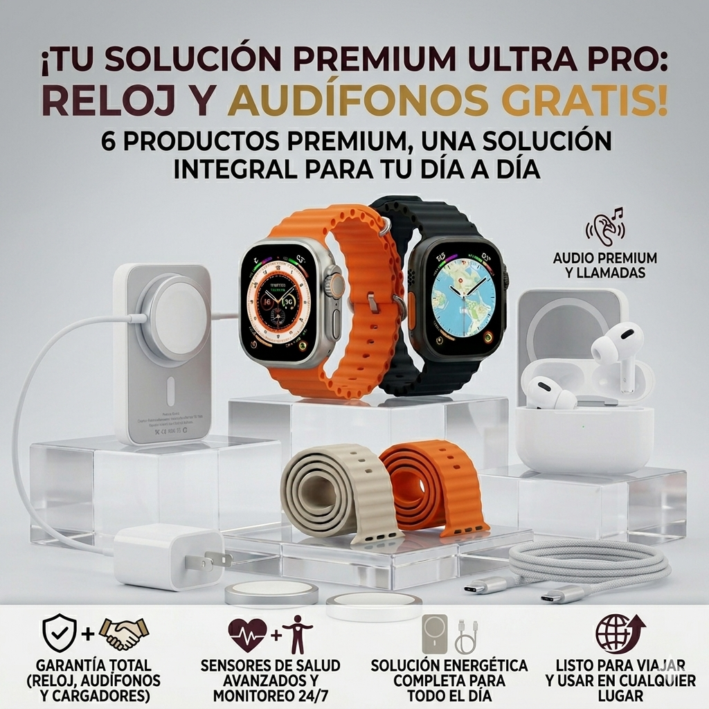 Kit Todo en 1: Reloj Ultra + Audífonos GRATIS + Carga Completa