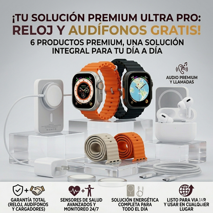 Kit Todo en 1: Reloj Ultra + Audífonos GRATIS + Carga Completa