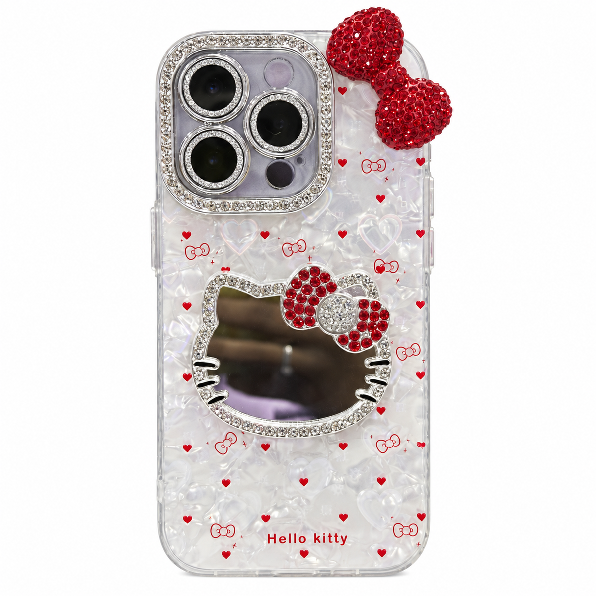 CASE HELLO KITTY LAZO ROJO CON ESPEJO IPH 14 PRO