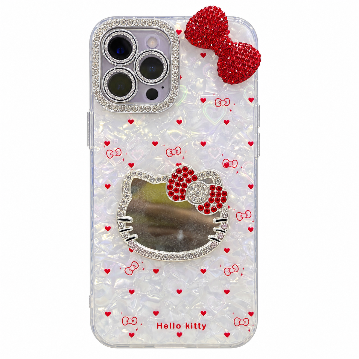 COMBO HELLO KITTY ESPEJO Y LAZO ROJO IPH 12 PRO MAX/13 PRO MAX