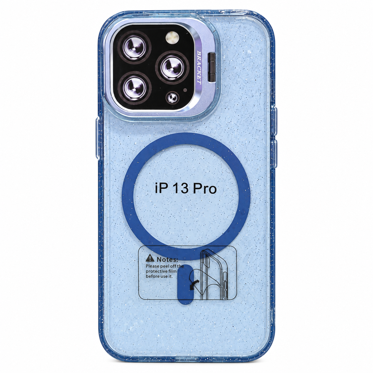 CASE GLITTER CON SOPORTE CELESTE IPH 13 PRO
