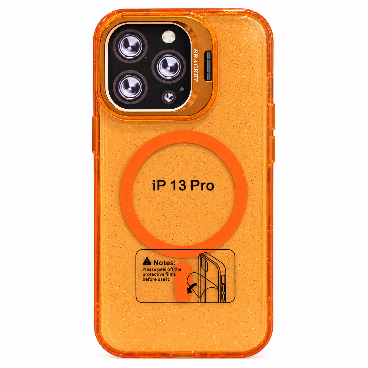 CASE GLITTER CON SOPORTE ORANGE IPH 13 PRO