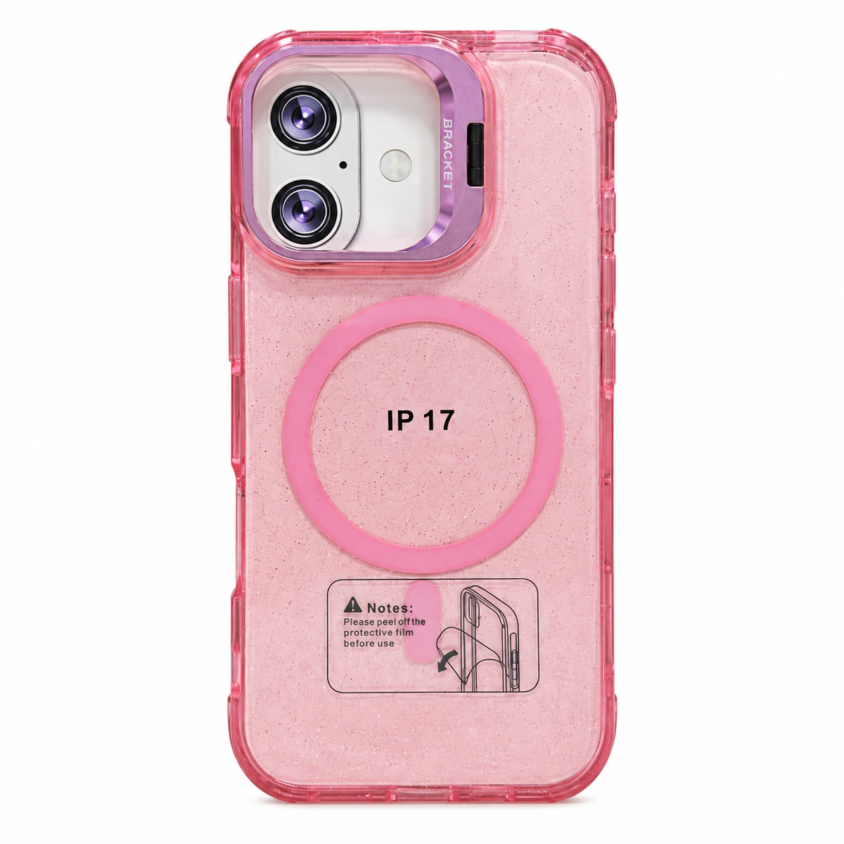 CASE GLITTER CON SOPORTE ROSA IPH 16/17