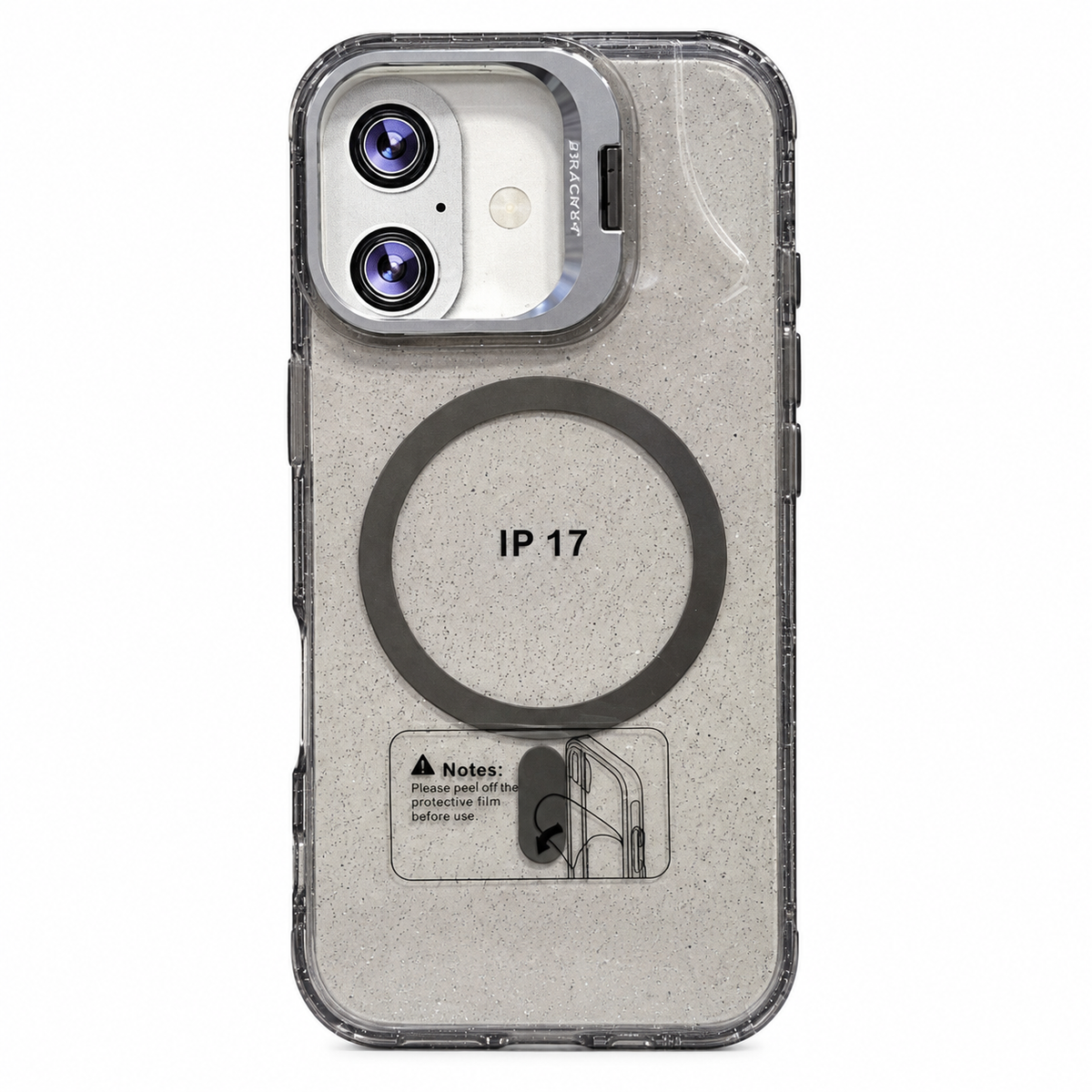 CASE GLITTER CON SOPPRTE PLATEADO IPH 16/17