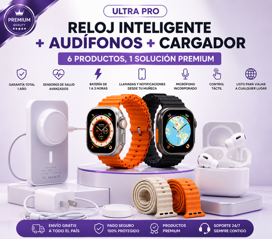 Kit Todo en 1: Reloj Ultra + Audífonos GRATIS + Carga Completa