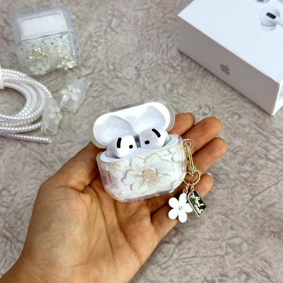P AirPods serie 4 flores blancas
