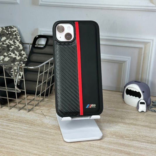 BMW estilo en fibra y cuero negro IPH 14/15 PLUS