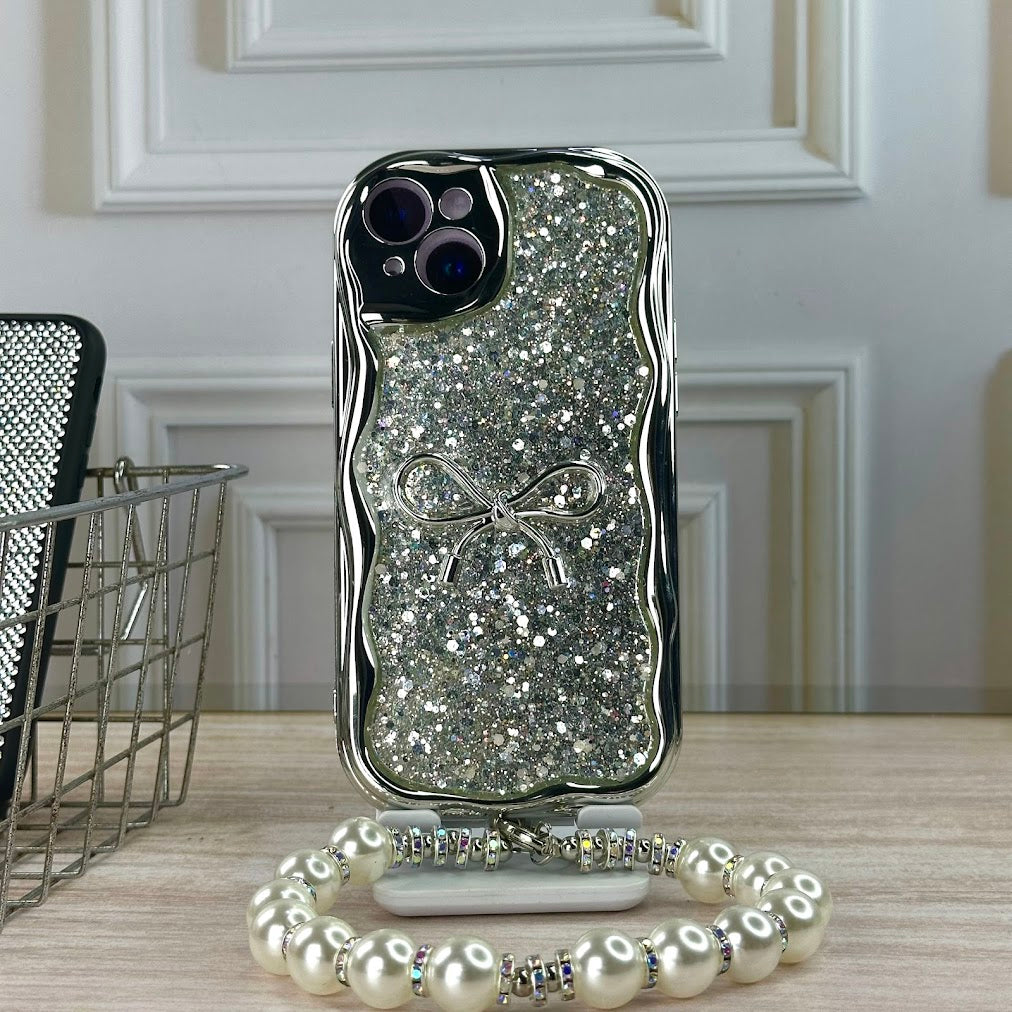 Case plata glitter con strap IPH 14/15 PLUS